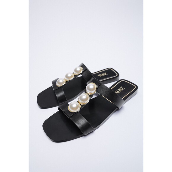 Black Zara Pearl Embellished Leather Flat Slip-On Slides Sandals (NWT) - Picture 1 of 5